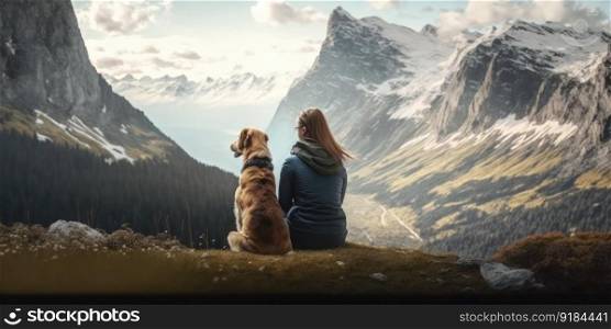 Young beautiful woman enjoy view with her dog during hiking trip in the mountain. distinct generative AI image.. Young beautiful woman enjoy view with her dog during hiking trip in the mountain