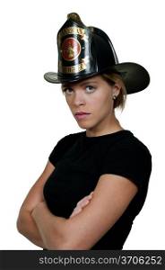 Young beautiful woman firefighter waiting for action