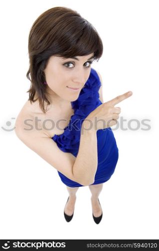 young beautiful woman full body pointing, isolated
