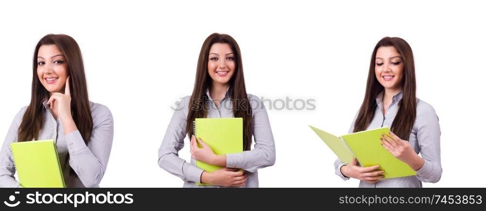 Young beautiful woman holding notes isolated on white