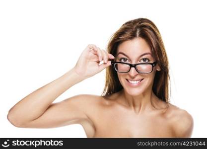 young beautiful woman holding the frame of her glasses. young beautiful woman holding the frame of her glasses on white background