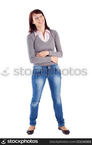 Young beautiful woman in casual clothing laughing, isolated on white background.