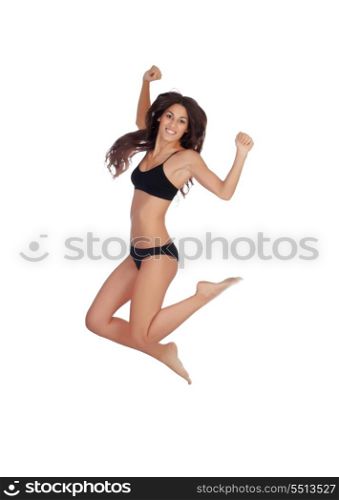 Young beautiful woman in cotton underwear jumping on white background