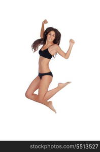 Young beautiful woman in cotton underwear jumping on white background