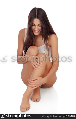 Young beautiful woman in cotton underwear on white background
