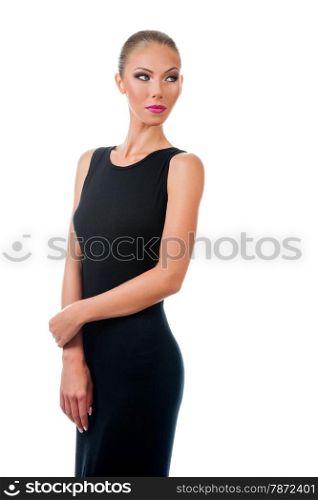 Young beautiful woman in evening dress with perfect skin. Isolated on white background