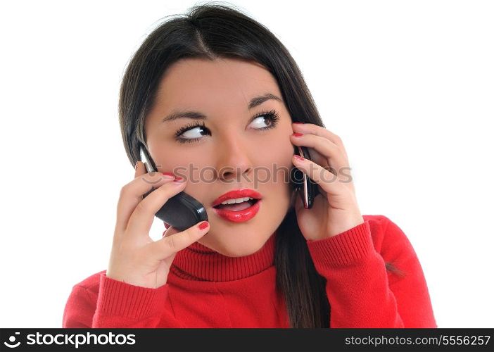 young beautiful woman in red talk on cellphone isolated