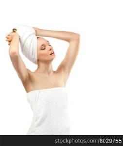 Young Beautiful Woman in White a Towel on the Head and Body,on a White Background