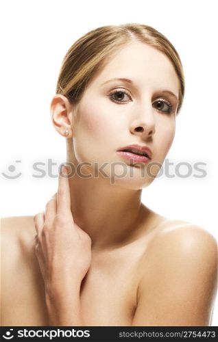 young beautiful woman moving hand to her neck. young beautiful woman moving hand to her neck on white background