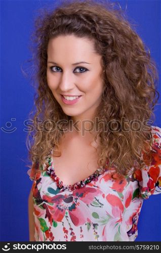 young beautiful woman, on a blue background