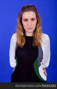 young beautiful woman, on a blue background