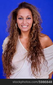 young beautiful woman, on a blue background