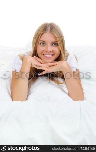 young beautiful woman on the bed. Isolated on white background