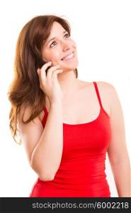 Young beautiful woman on the phone, isolated over a white background