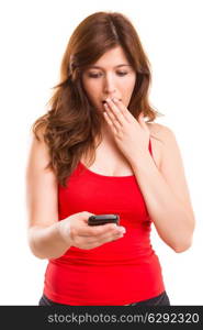 Young beautiful woman on the phone, isolated over a white background