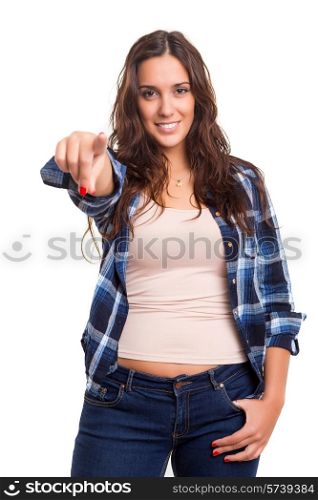 Young beautiful woman pointing at you, isolated over white