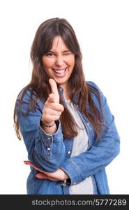 Young beautiful woman pointing at you, isolated over white