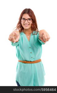 Young beautiful woman pointing at you, isolated over white