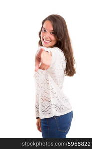 Young beautiful woman pointing at you, isolated over white