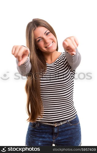 Young beautiful woman pointing at you, isolated over white