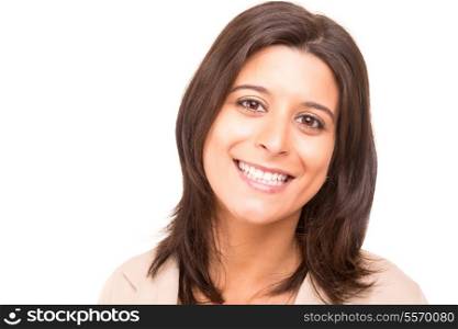 Young beautiful woman portrait, isolated over white background