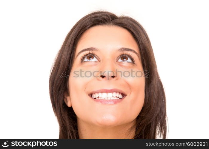 Young beautiful woman portrait, isolated over white background