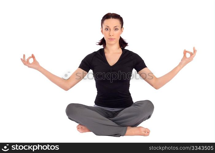 Young beautiful woman practicing breath control yoga asana, isolated on white background.