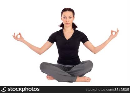 Young beautiful woman practicing breath control yoga asana, isolated on white background.