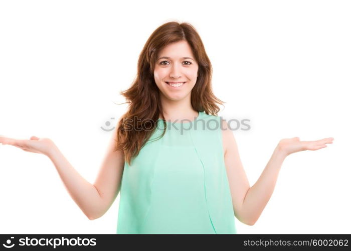 Young beautiful woman presenting your product, isolated over copy space background