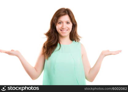 Young beautiful woman presenting your product, isolated over copy space background