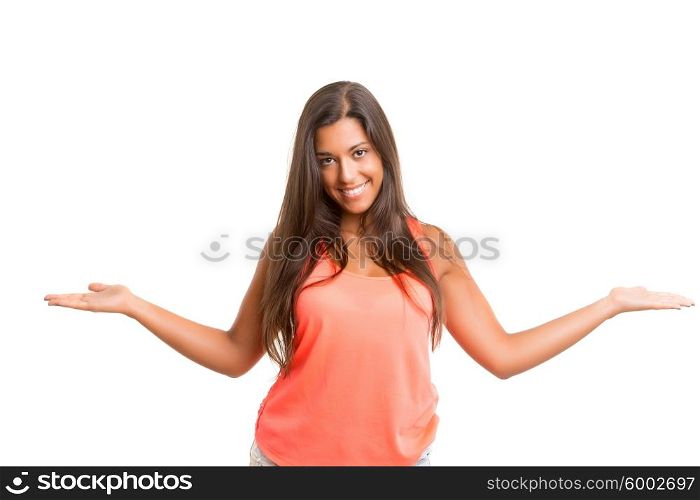 Young beautiful woman presenting your product, isolated over copy space background