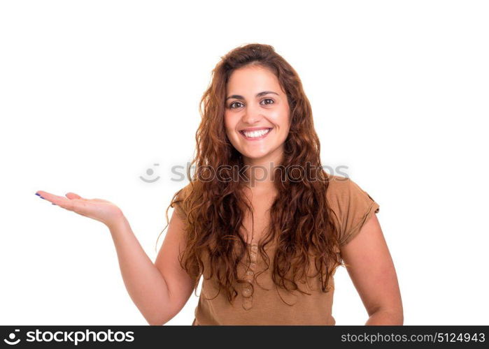 Young beautiful woman presenting your product, isolated over white background