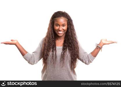 Young beautiful woman presenting your product, isolated over white background