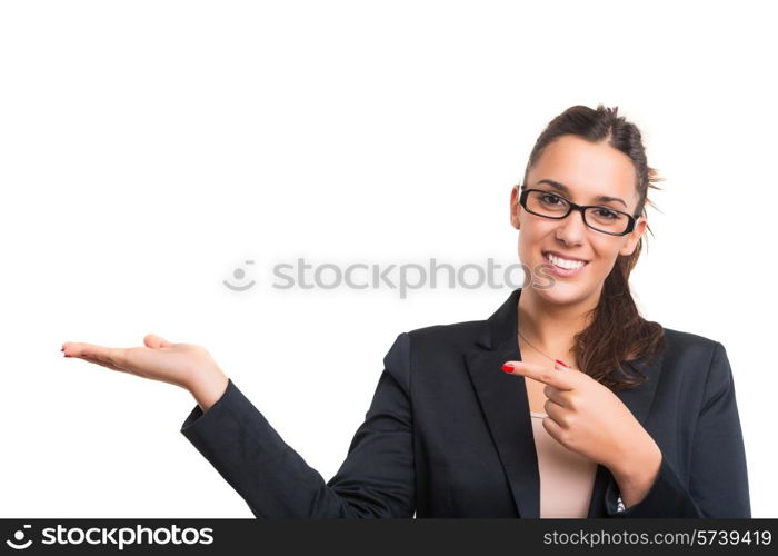 Young beautiful woman presenting your product, isolated over white background