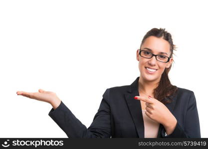 Young beautiful woman presenting your product, isolated over white background