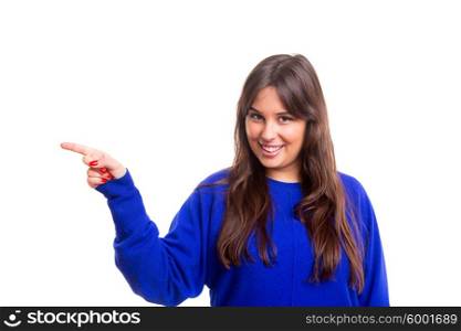 Young beautiful woman presenting your product, isolated over white background