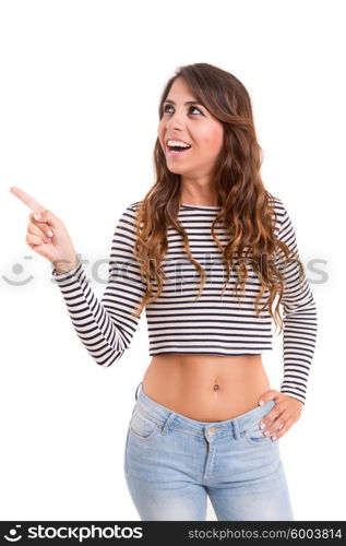 Young beautiful woman presenting your product, isolated over white background