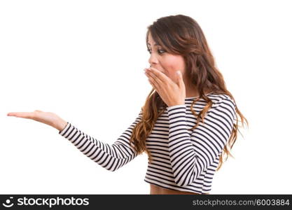 Young beautiful woman presenting your product, isolated over white background