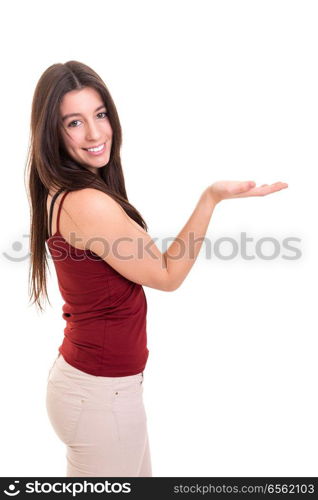 Young beautiful woman presenting your product, isolated over white background