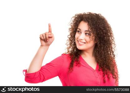 Young beautiful woman presses key, isolated over white
