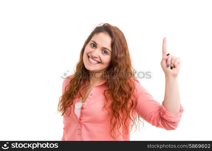 Young beautiful woman presses key, isolated over white