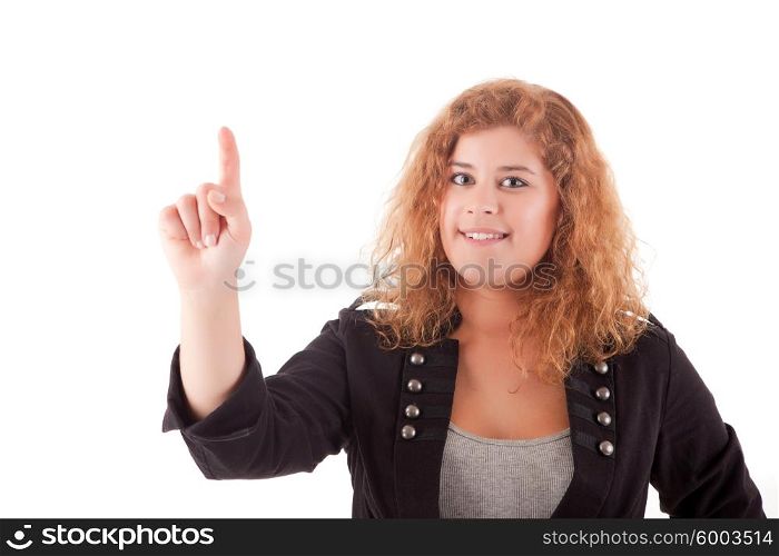 Young beautiful woman presses key, isolated over white