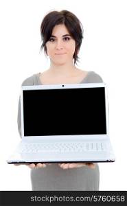 young beautiful woman showing a laptop, isolated
