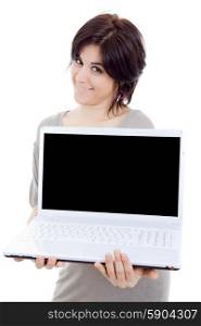 young beautiful woman showing a laptop, isolated