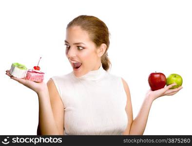 Young beautiful woman thinking about healthy and unhealthy eating