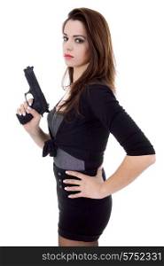 young beautiful woman with a gun, isolated