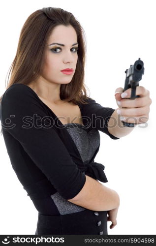 young beautiful woman with a gun, isolated