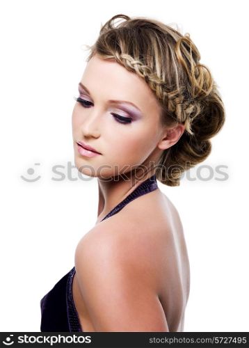 Young beautiful woman with beauty hairstyle with pigtails - isolated on white