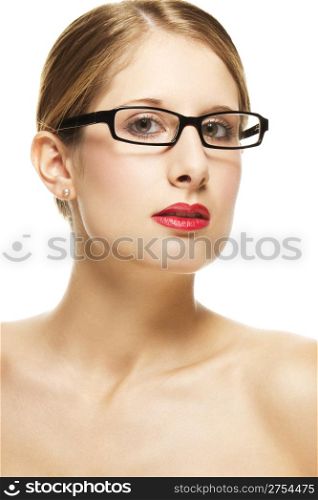 young beautiful woman with black glasses and red lips. young beautiful woman with black glasses and red lips on white background