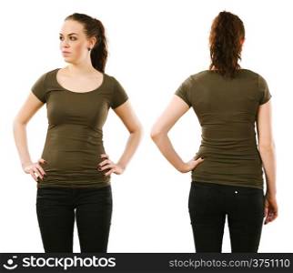 Young beautiful woman with blank olive green shirt, front and back. Ready for your design or artwork.